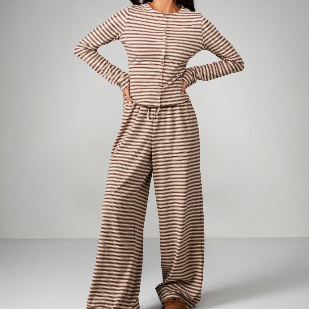 Coffee Brown Casual Women's Striped Lounge Wear